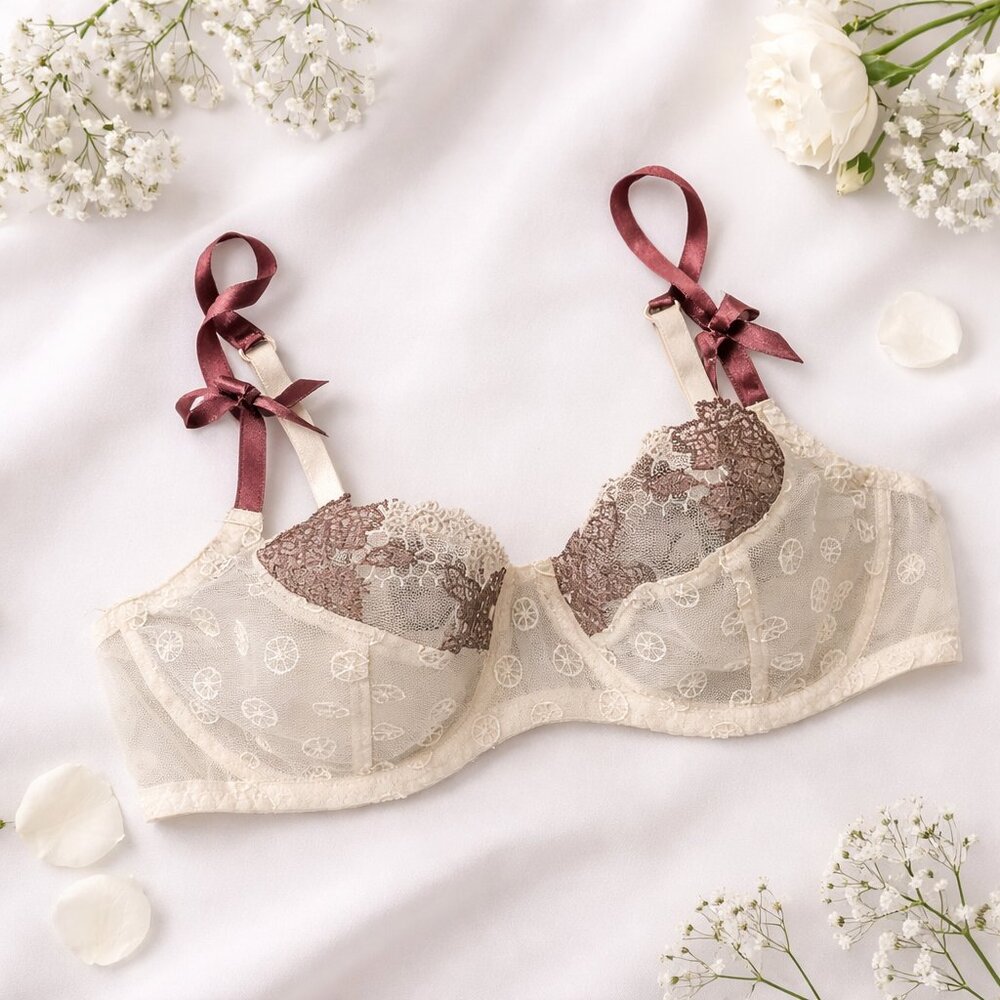 Aubade Lace & Tulle Bra in Ivory with Plum Detail – Size 34B